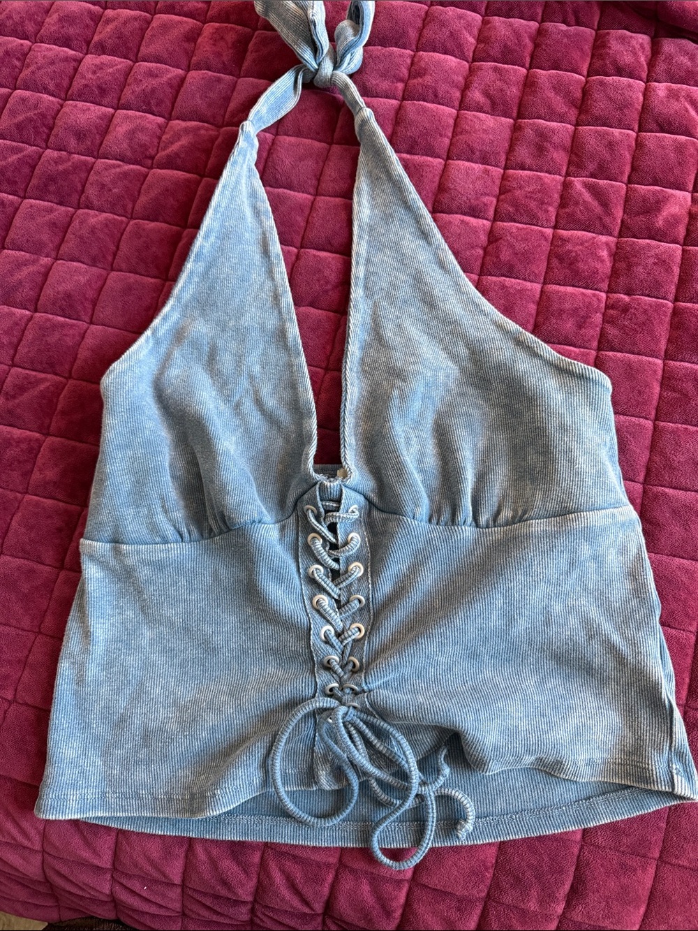 Gilded Intent Light Blue Lace-Up Halter Knit Top